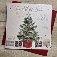 Christmas Card: All of You from All of Us Tree Hand Decorated- White Cotton Cards