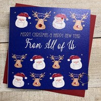 Christmas Card: All of Us Lots of Santa and Reindeer Blue Hand Decorated- White Cotton Cards
