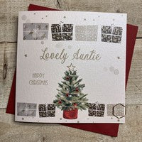 Christmas Card: Auntie Happy Christmas Tree Hand Decorated- White Cotton Cards