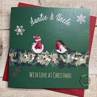 Christmas Card: Auntie & Uncle Robins With Love Hand Decorated- White Cotton Cards