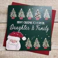 Christmas Card: Daughter & Family Lots of Trees Green Hand Decorated- White Cotton Cards