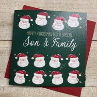 Christmas Card: Son & Family Lots of Santas Green Hand Decorated- White Cotton Cards