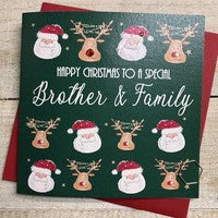 Christmas Card: Brother & Family Lots of Santa and Reindeer Hand Decorated- White Cotton Cards