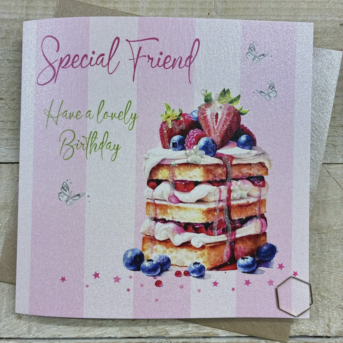 Birthday Card: Layer Cake With Fruit Hand Finished Crystals & Glitter - Pink - White Cotton Cards