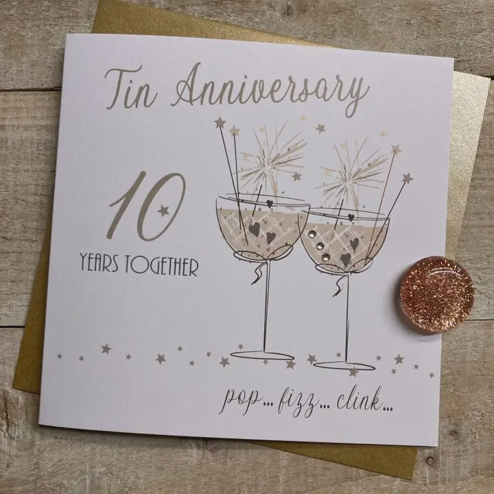Anniversary Card: 10th Tin Anniversary - Coupe Glasses with Sparklers  - White Cotton Cards