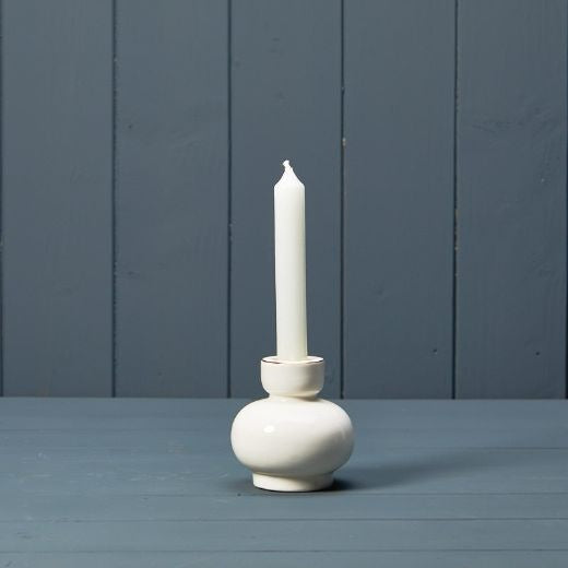 Candle Holder: Ceramic Round  Dinner Taper - White & Gold