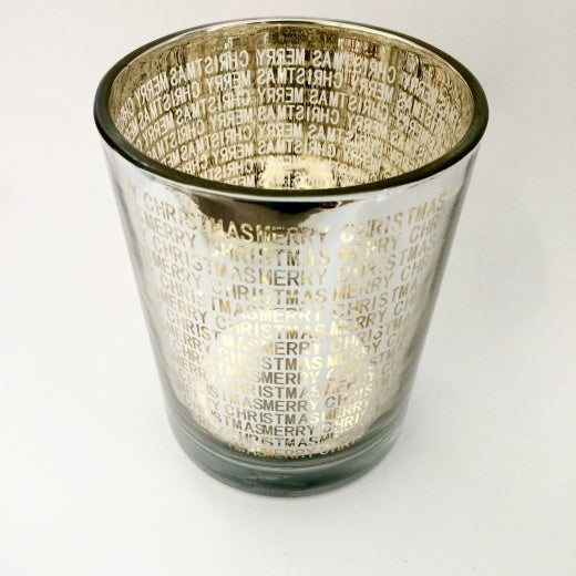 Candle Holder: Glass Tall Antiqued w Merry Christmas Print - Gold - Gisela Graham
