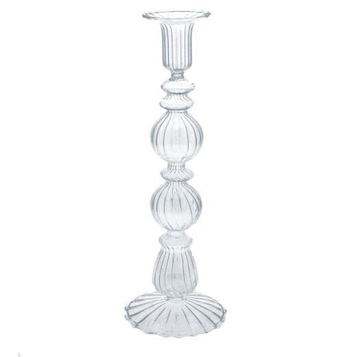 Candle Holder Stick: Glass Taper Double Ball Medium - Clear - Gisela Graham