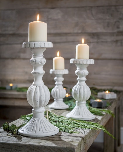 Candle Holder: Wood Candlestick Medium Carved Distressed - White