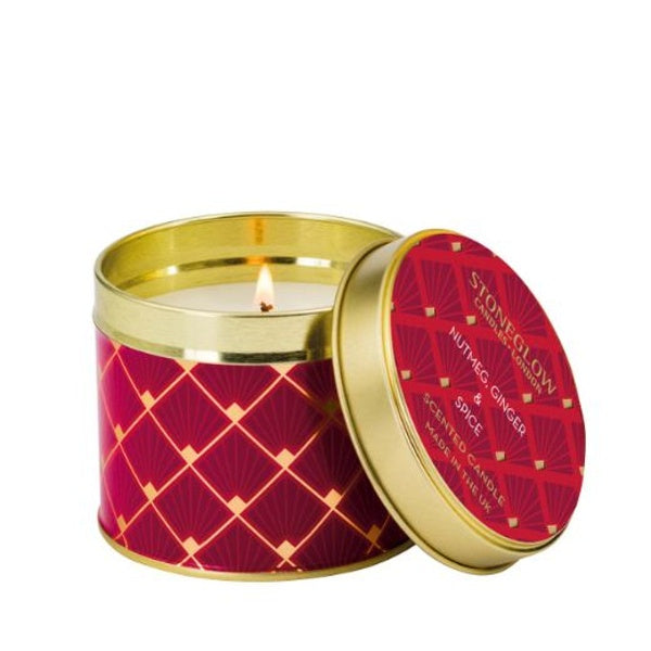 Candle: Scented Tin 25hrs Stripes Nutmeg Ginger & Spice - Gold & Red