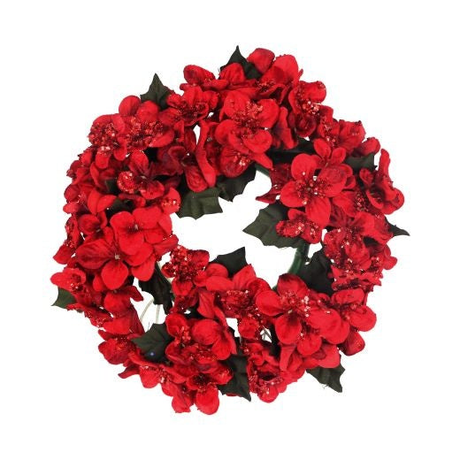 Candle Wreath: Faux Flower Hydrangea Medium 18cm  - Red & Green - Gisela Graham