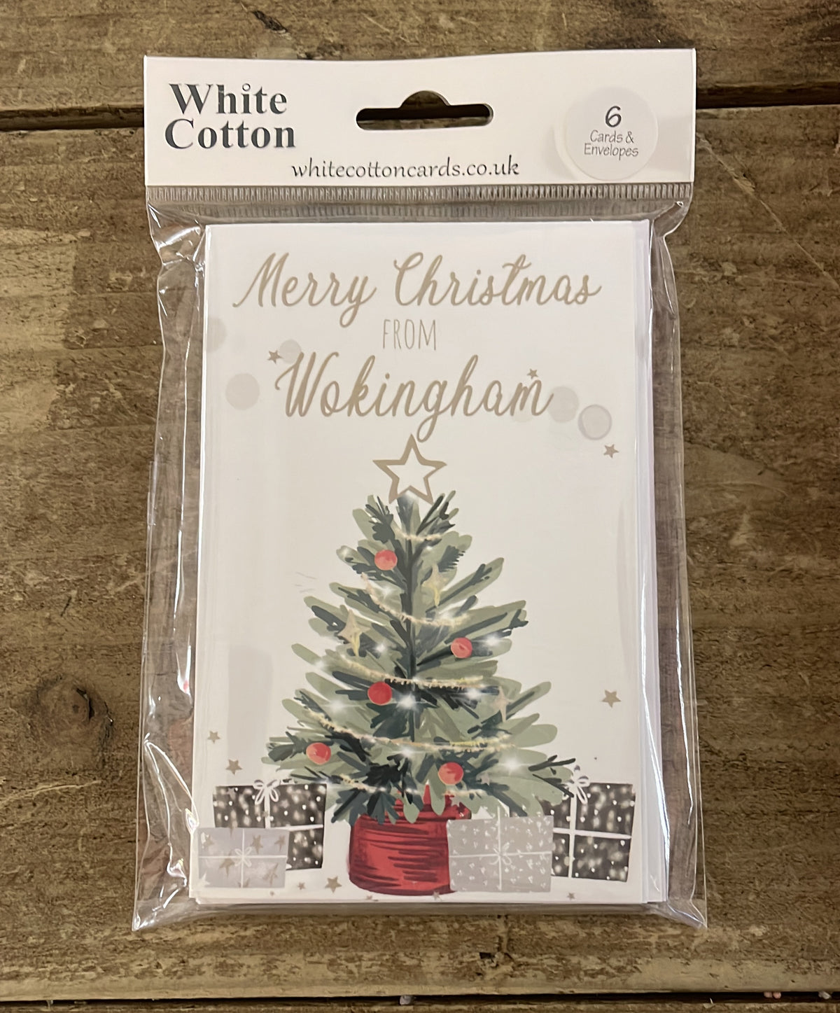 Christmas Pack 6 Cards: Wokingham Tree Hand Decorated- White Cotton Cards