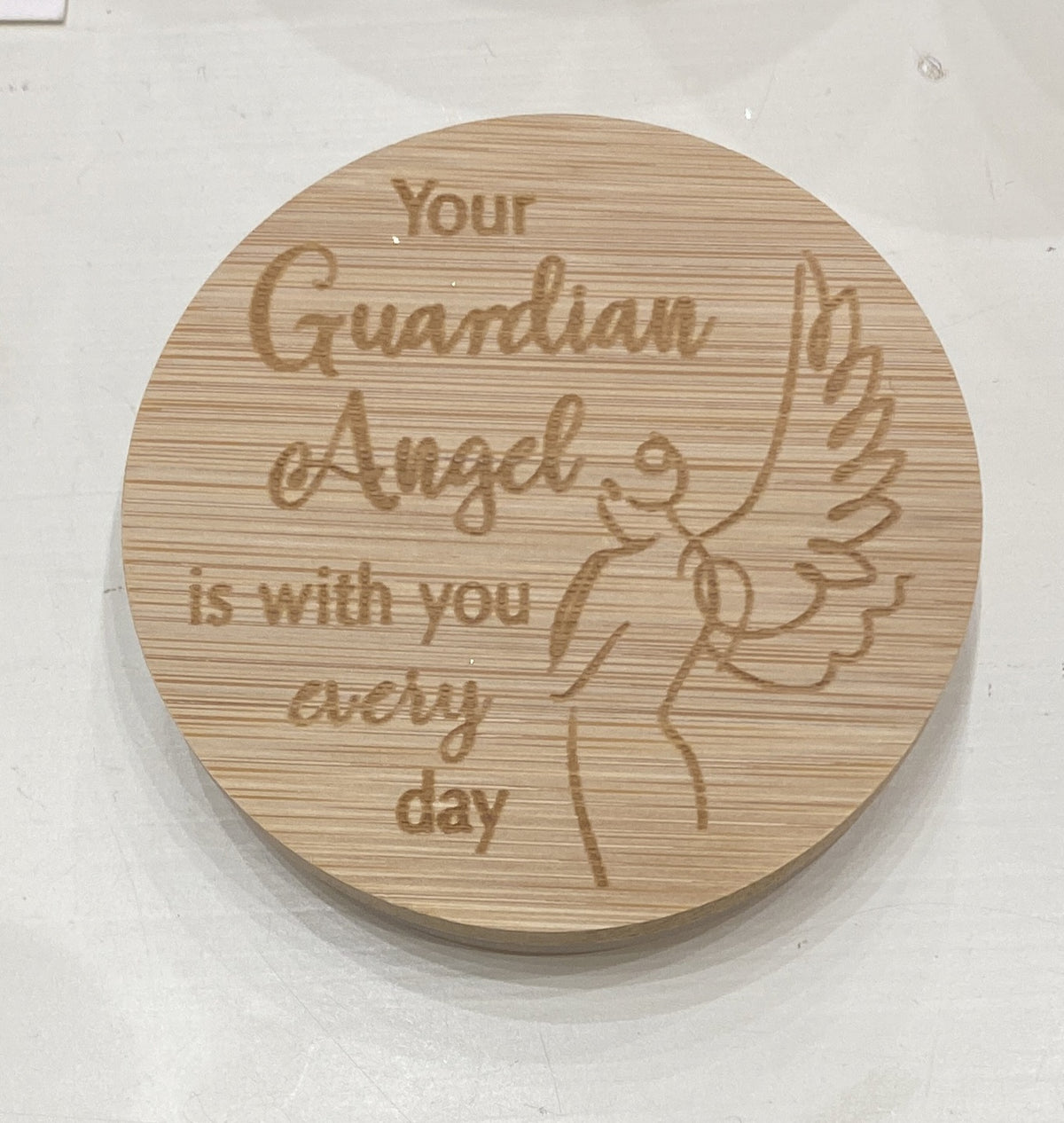 Candle Lid: Wood Engraved Message Guardian Angel  every day -  - Light Up Your Life