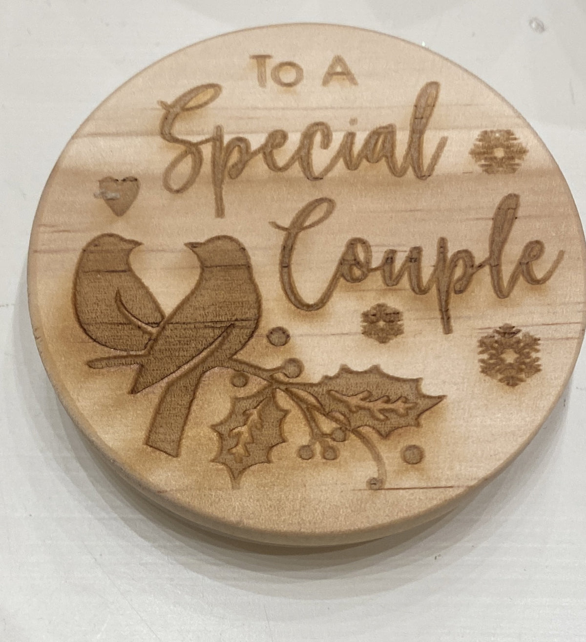 Candle Lid: Wood Christmas Engraved Message -  To a Special Couple