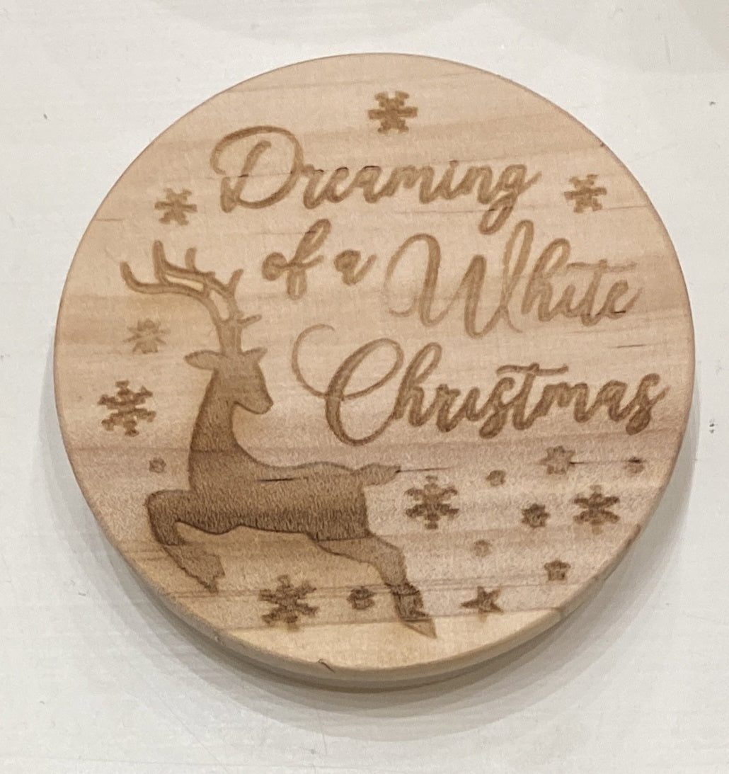 Candle Lid: Wood Christmas Engraved Message -  Dreaming of a White Christmas
