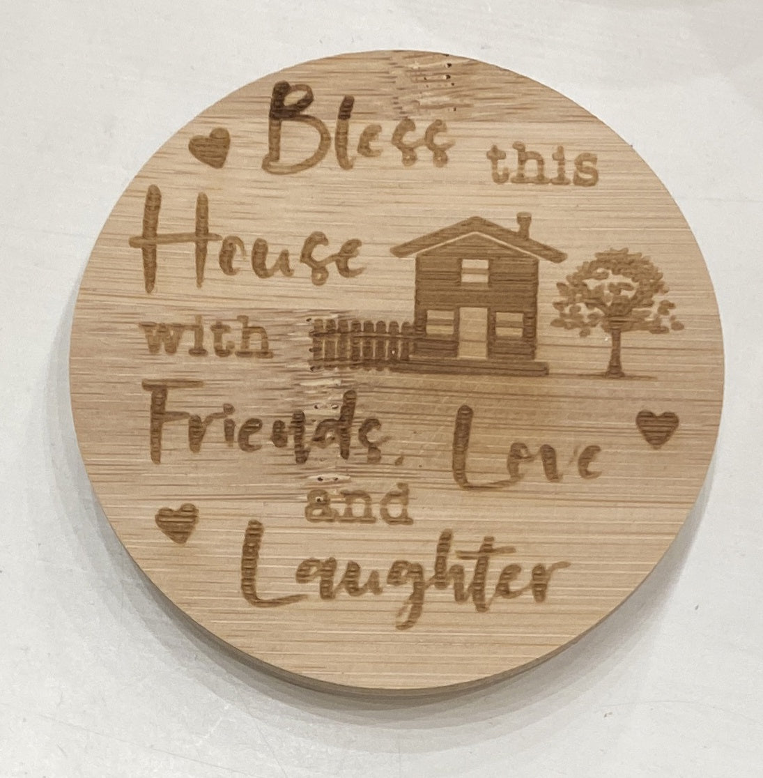 Candle Lid: Wood Engraved Message - Bless this house with Friends Love Laughte