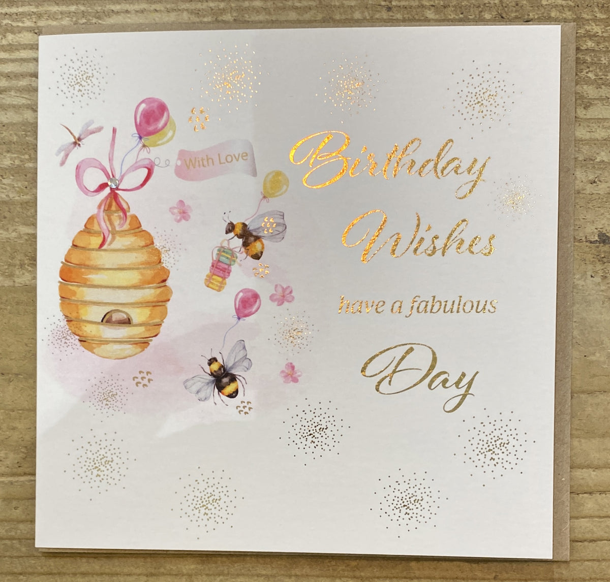 Birthday Card: Foil Bees Swarovski Crystal - Pink