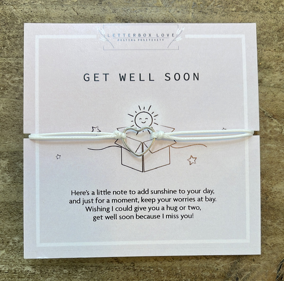 Carded Bracelet: String Get Well Soon - Heart Charm - Letter Box Love