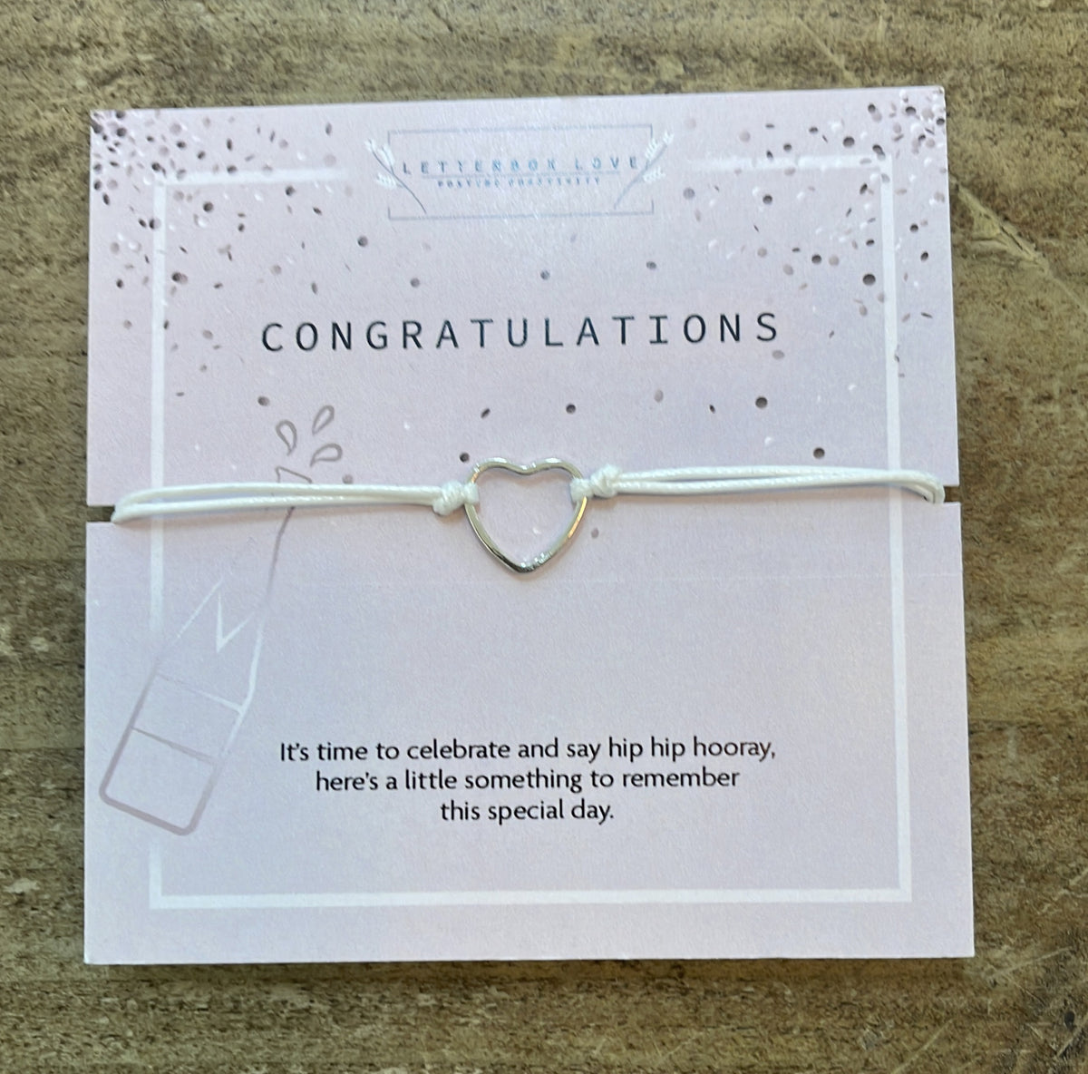 Carded Bracelet: String Congratulations - Heart Charm - Letter Box Love
