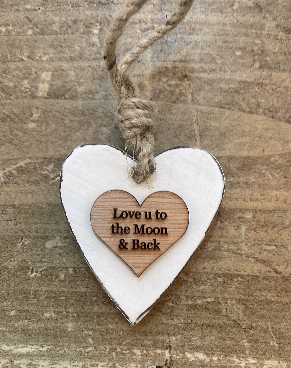 Chunky Love U Moon Back Hanging Heart Wood Sentiment Decoration - White w Natural  Heart Tag