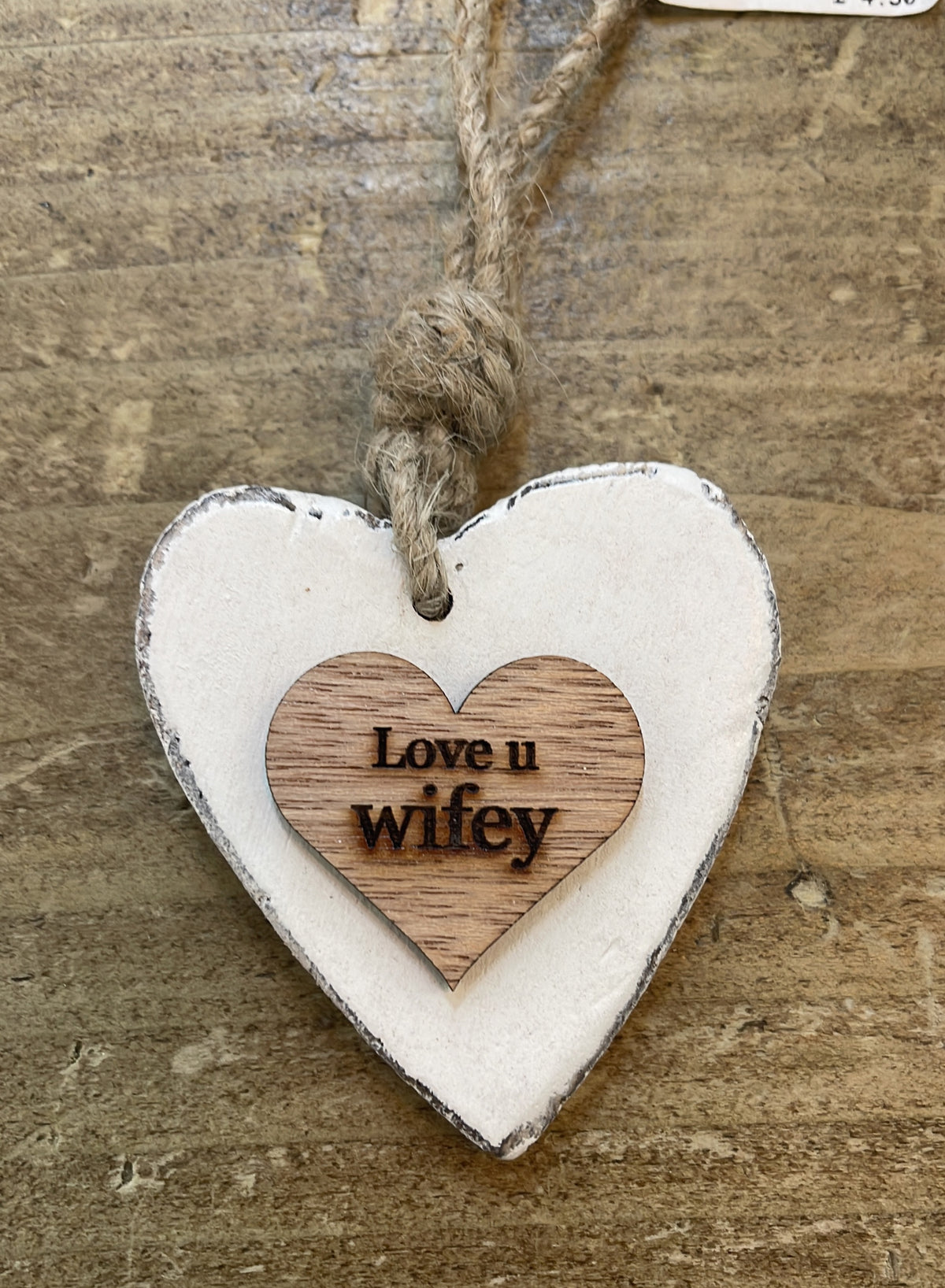 Chunky Love u Wifey Hanging Heart Wood Sentiment Decoration - White w Natural  Heart Tag