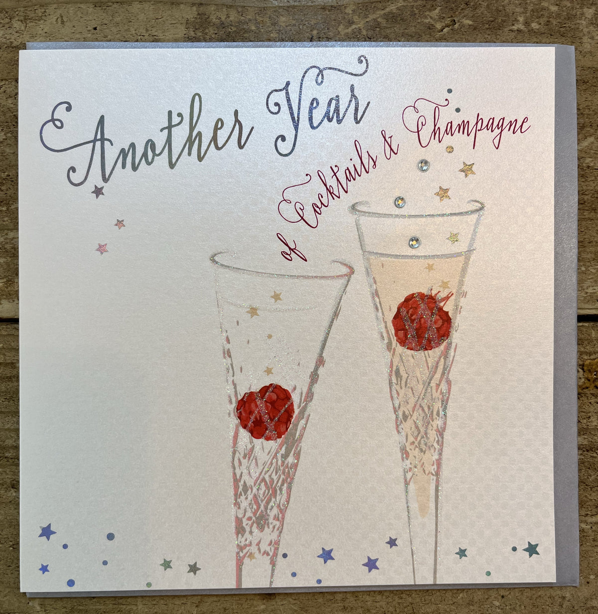 Anniversary Card: Champagne Flute Glasses Hand Finished Crystals & Glitter