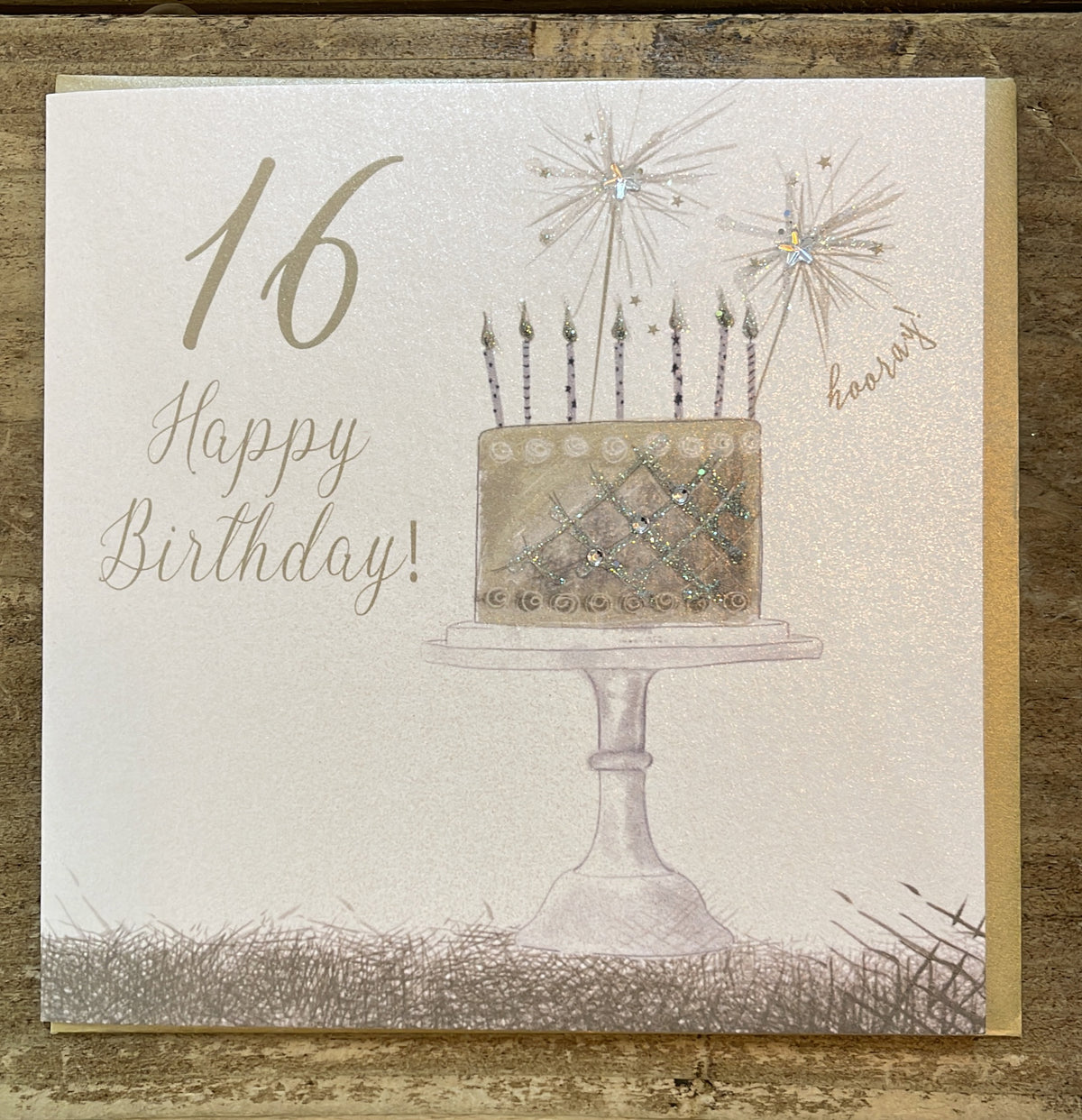 Age 16th Card: Cake on Stand Sparklers Hand Finished Crystals & Glitter - Gold - White Cotton Cards