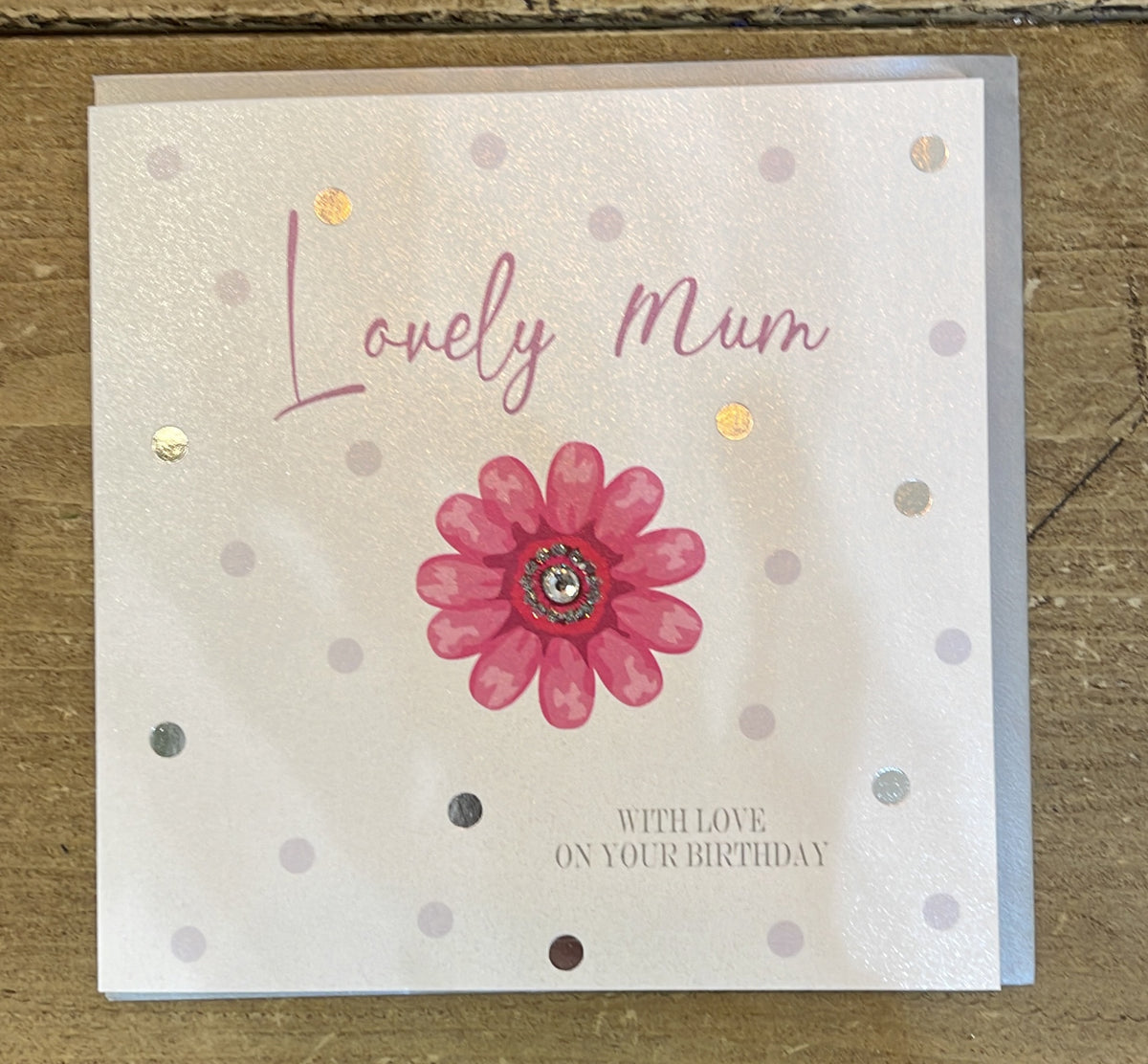 Mum Card: DOTTY - PRETTY PINK FLOWER Hand Finished Crystals & Glitter - Silver - White Cotton Cards