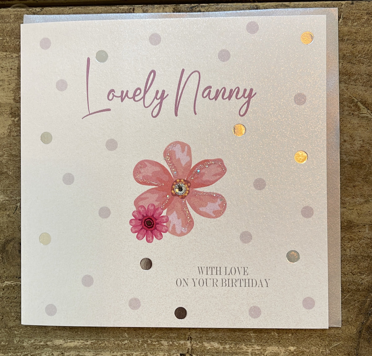 Nanny Card: Dotty Cake Hand Finished Crystals & Glitter - Silver - White Cotton Cards