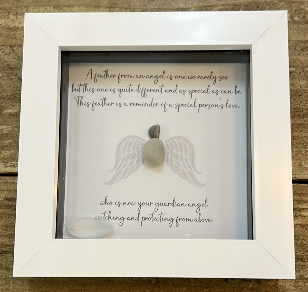 Pebble Picture: Memorial Guardian Angel  - 'A feather from an angel' Poem - White Box Frame - La de Da Living