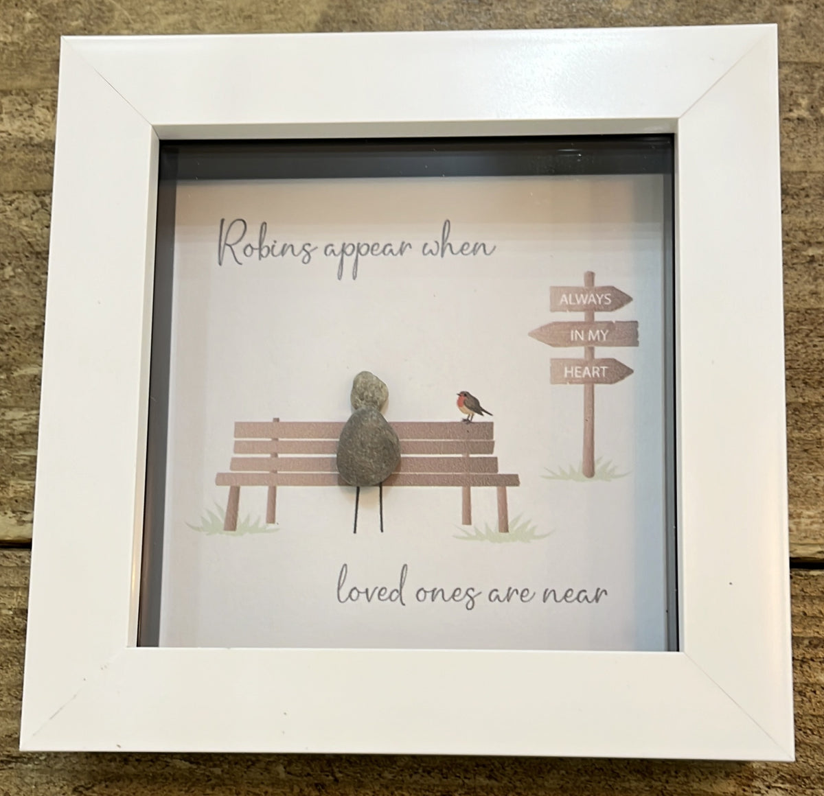 Pebble Picture: Memorial Robins appear when loved ones are near - White Box Frame - La de Da Living