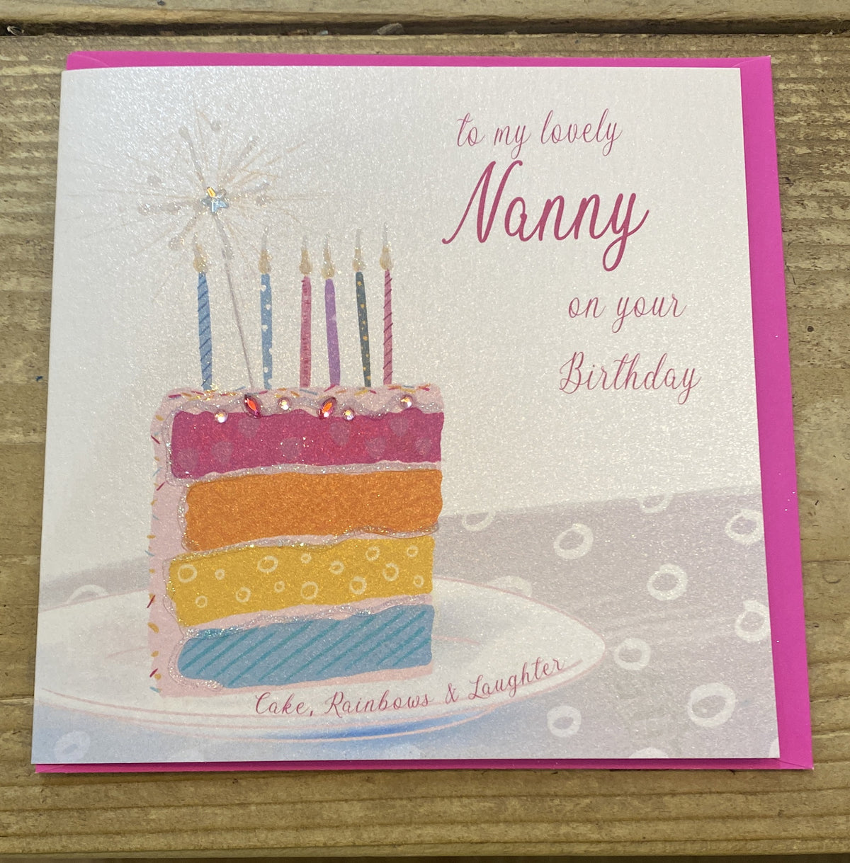 Nanny Card: Rainbow Cake Handmade Crystals - Pink - White Cotton Cards