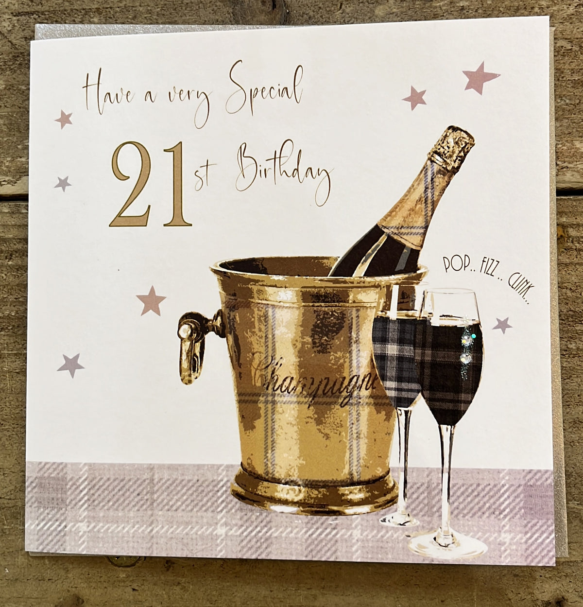 Age 21st Card: Bucket Hand Finished Crystals & Glitter - Gold - White Cotton Cards
