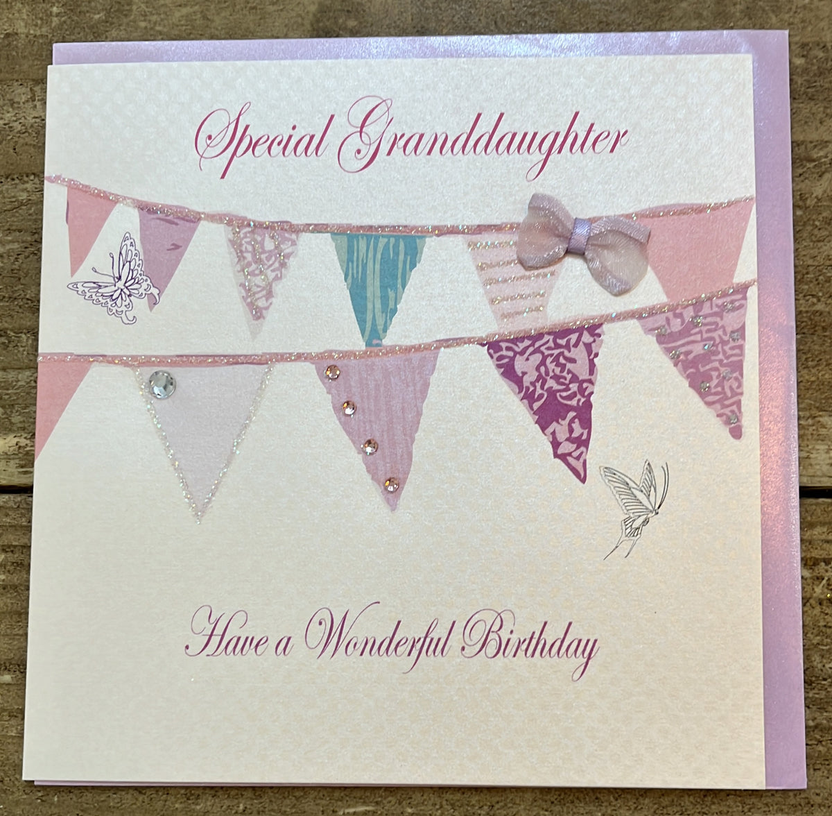 Granddaughter Card: Special Granddaughter - Bunting Hand Finished Crystals & Glitter - White - White Cotton Cards
