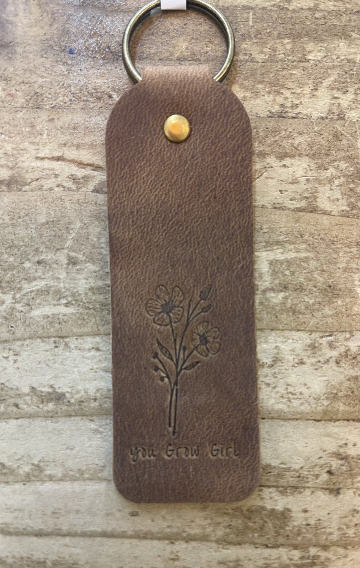 Keyring: Leather Keyring - You Grow Girl - Brown Floral - Lucas Ruth