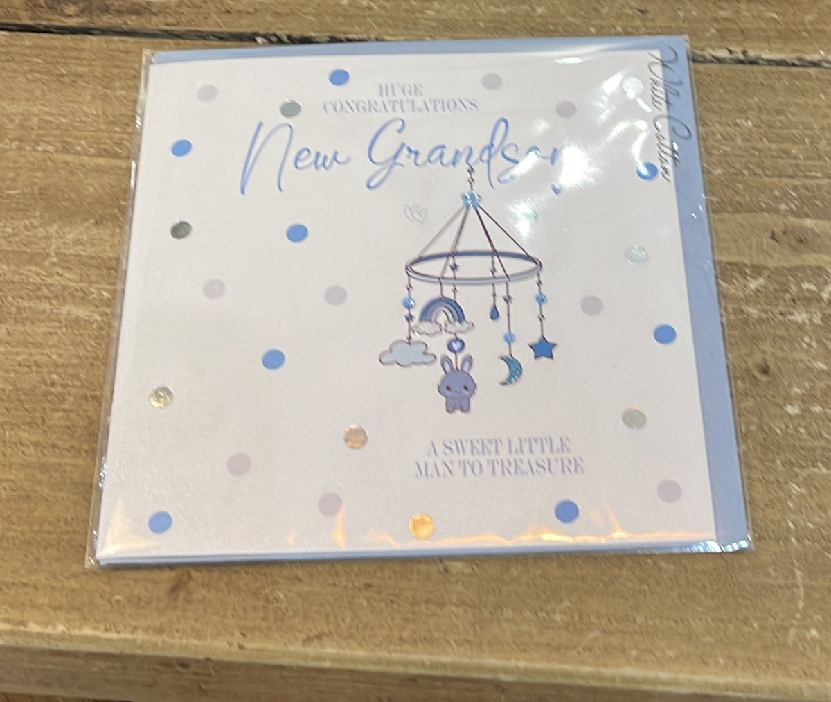 New Baby Card: Grandson Blue Mobile - White Cotton