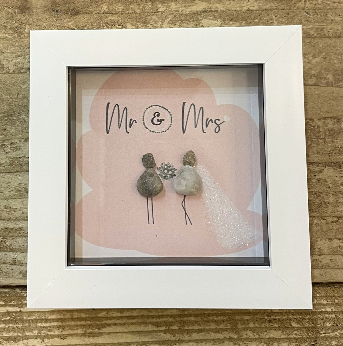 Pebble Picture: Mr & Mrs Glitter Veil - White Box Frame - La de Da Living