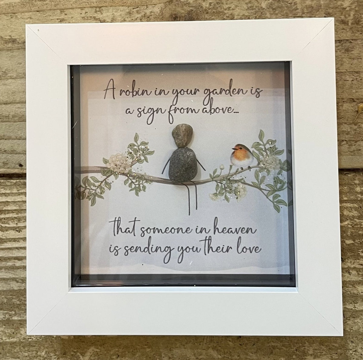 Pebble Picture: Memorial - Robin in Your Garden - White Box Frame - La de Da Living