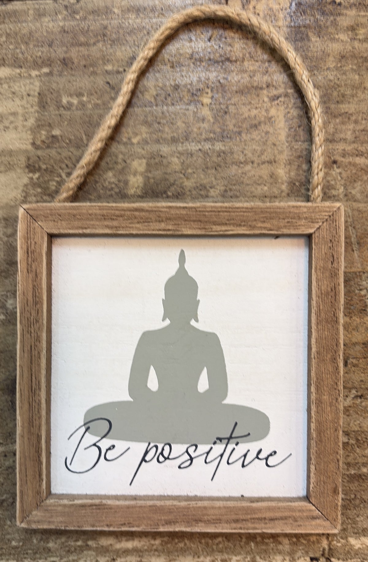 Plaque: Hanging Mini Wooden Grey Buddha Be Positive - Natural & White - Langs