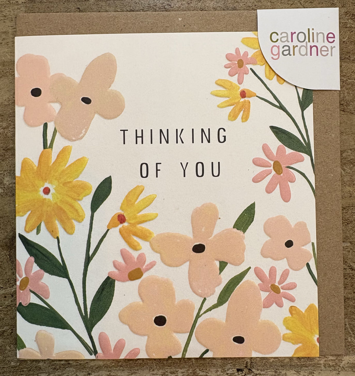 Thinking of You Card:  Yellow & Peach Florals Embossed - Caroline Gardner
