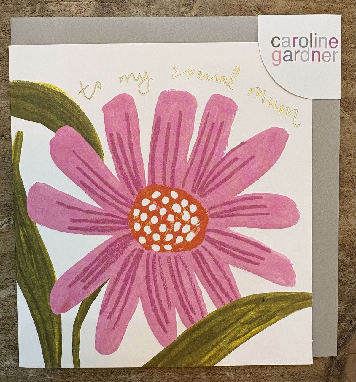Mum Card: GOLD FOIL  Mum Big Painted Pink Flower Embossed - Caroline Gardner