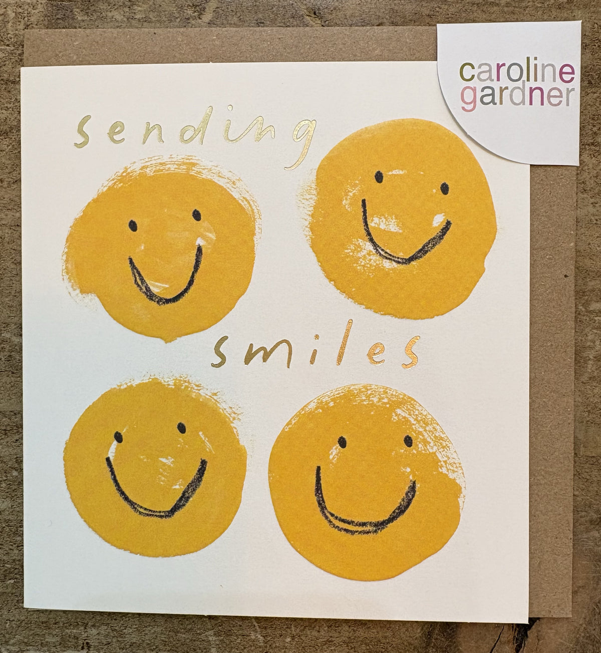 Thinking of You Card: GOLD FOIL  Smiles Yellow Smiley Faces Embossed - Caroline Gardner
