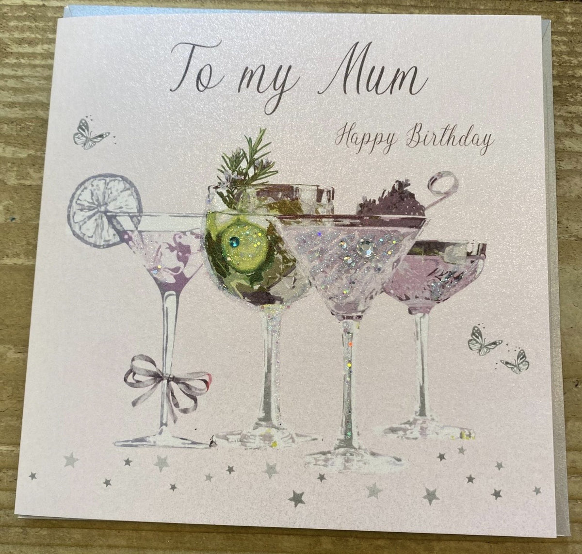 Mum Card: Large Cocktails Hand Finished Crystals & Glitter - Pink - White Cotton Cards