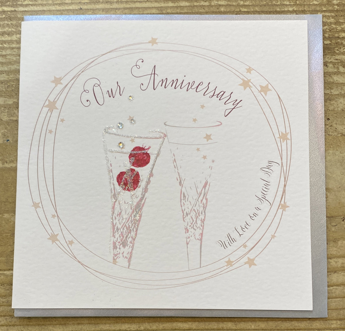 Anniversary Card: Our Anniversay Champagne Flute Glasses Hand Finished Crystals & Glitter
