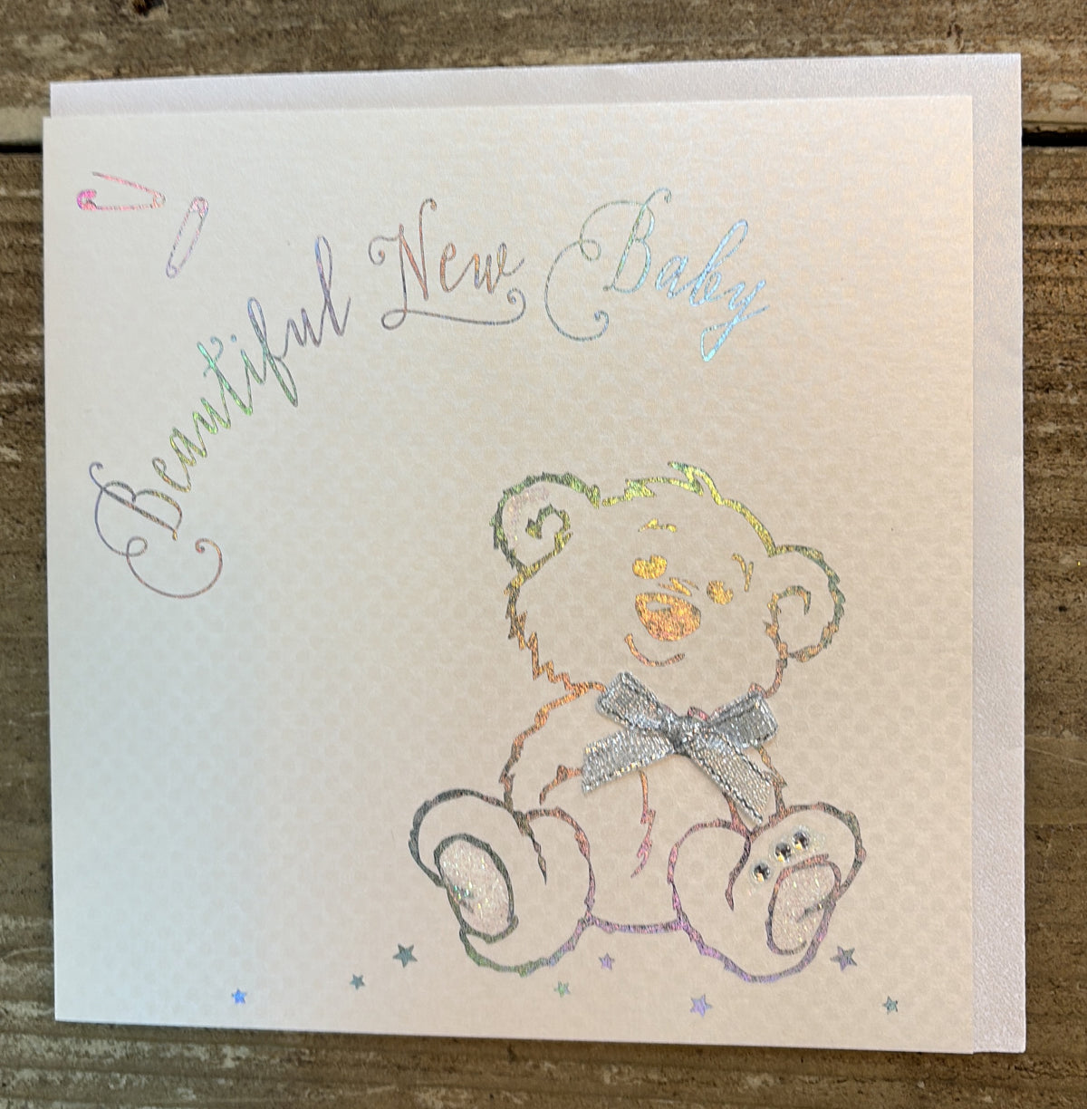New Baby Card: Neutral Sitting Teddy Bear Hand Finished Crystals & Glitter - White - White Cotton Cards