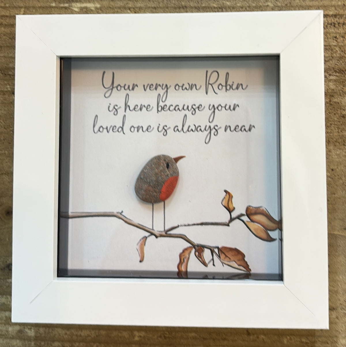 Pebble Picture: Memorial - Your Very Own Robin - White Box Frame - La de Da Living
