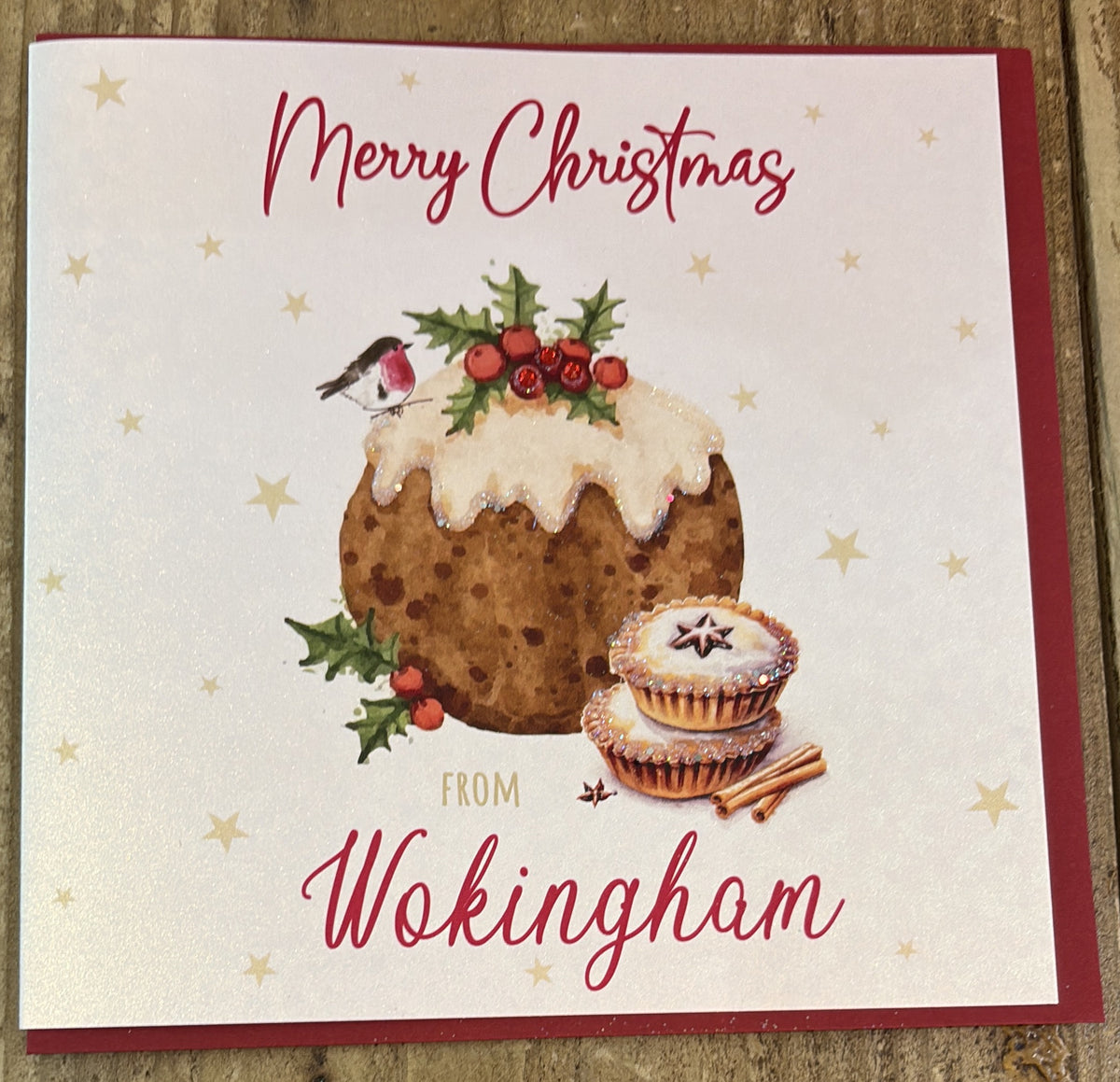 Christmas Card: Christmas Greetings From Wokingham Christmas Pudding - Red - White Cotton Cards