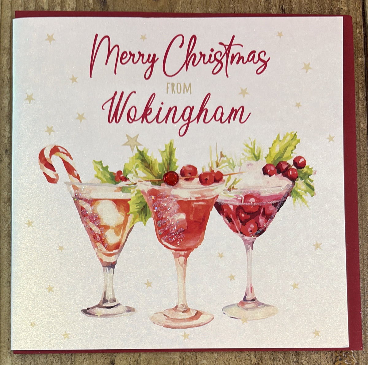 Christmas Card: Christmas Greetings From Wokingham Cocktail Glasses - Red - White Cotton Cards