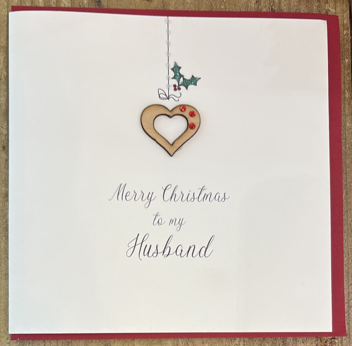 Christmas Card: To My Husband Wooden Heart Hand Decorated- White Cotton Cards