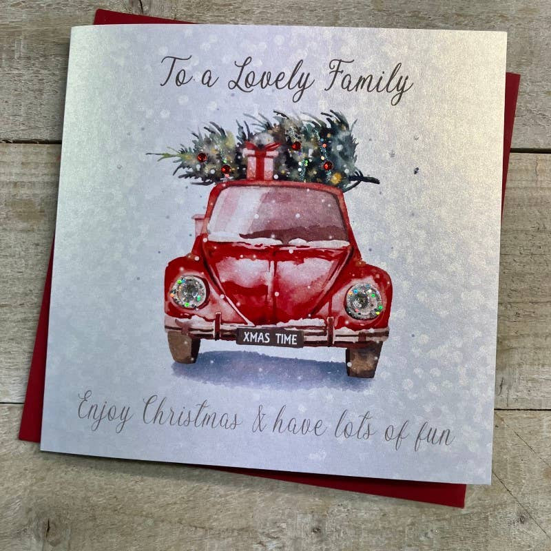 Christmas Card: To A Lovely Family Enjoy Christmas - Car With Xmas Tree  - Hand Decorated- White Cotton Cards